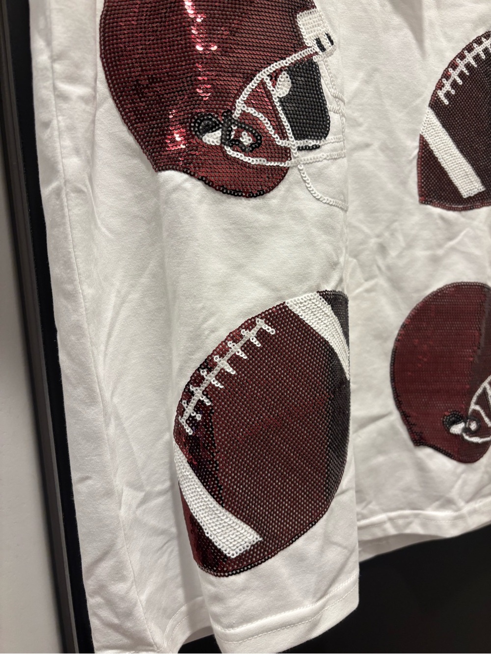 Belle Cher Women’s Sequin Football & Helmet Top Tee Small NWT white Maroon Red - Picture 3 of 7